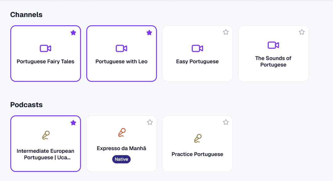 Channels and podcasts browsing interface